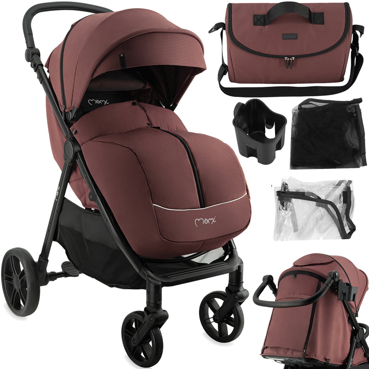 MoMi CLARA Kinderwagen - Verstelbare Duwstang - Vering op Alle Wielen - Tot 22 kg - Bordeaux
