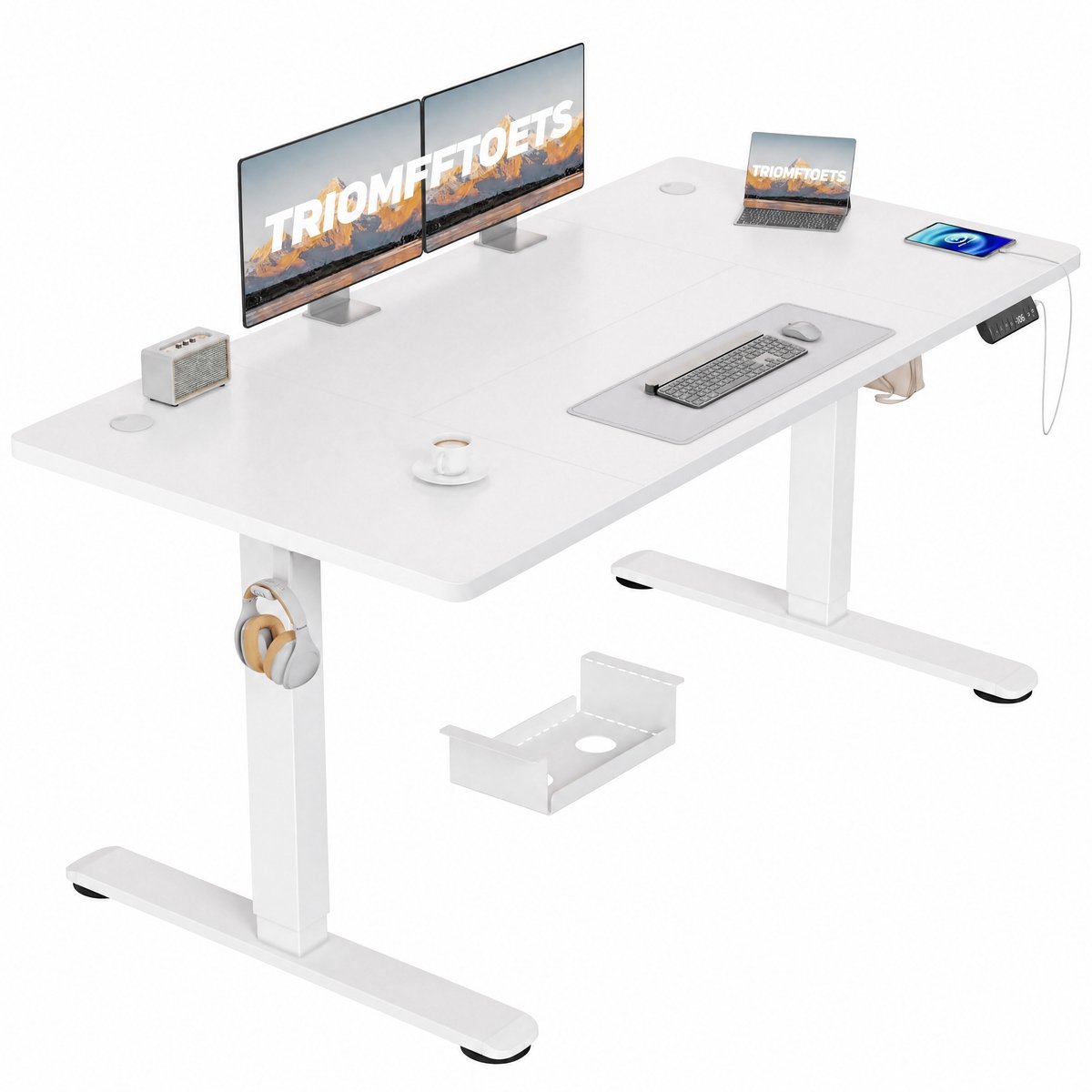 Devoko Elektrisch Zit-Sta Bureau 140x70 cm – 18 mm Dik Tafelblad – 3 Geheugenstanden – USB en Zit-alarm – Kabelmanagement – Wit frame met wit blad
