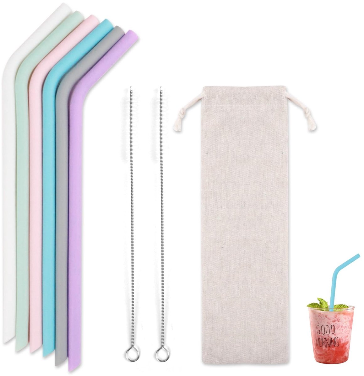 Dailygoods- Rietjes 6 Stuks Siliconen - Herbruikbaar - Rietjesborstel 2 Stuks - Opbergtas - Bubble Tea - Milieuvriendelijk - Herbruikbare Rietjes