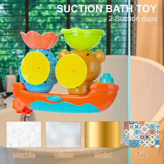 COOAU - Beer Bij Boot Waterval Bad Speelgoed voor Peuters - Zuignap Wandmontage Badkuip Waterspeelgoed met Wateruitloop & Roterend Wiel - Interactieve Sprinkler Douche Zintuiglijk Speelgoed Cadeau voor Baby Jongens Meisjes 1-6 Jaar van Cooau — afbeelding 5