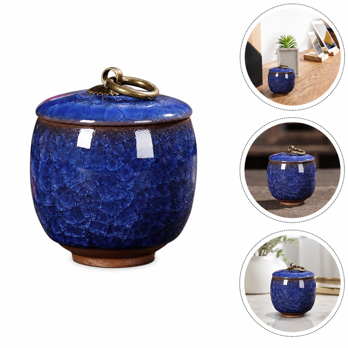 Keramische Gedenkurn - Mini urn van keramiek - Ljskraakpatroon - 70ml - Gedenkurn voor mens en huisdieren - Donkerblauw