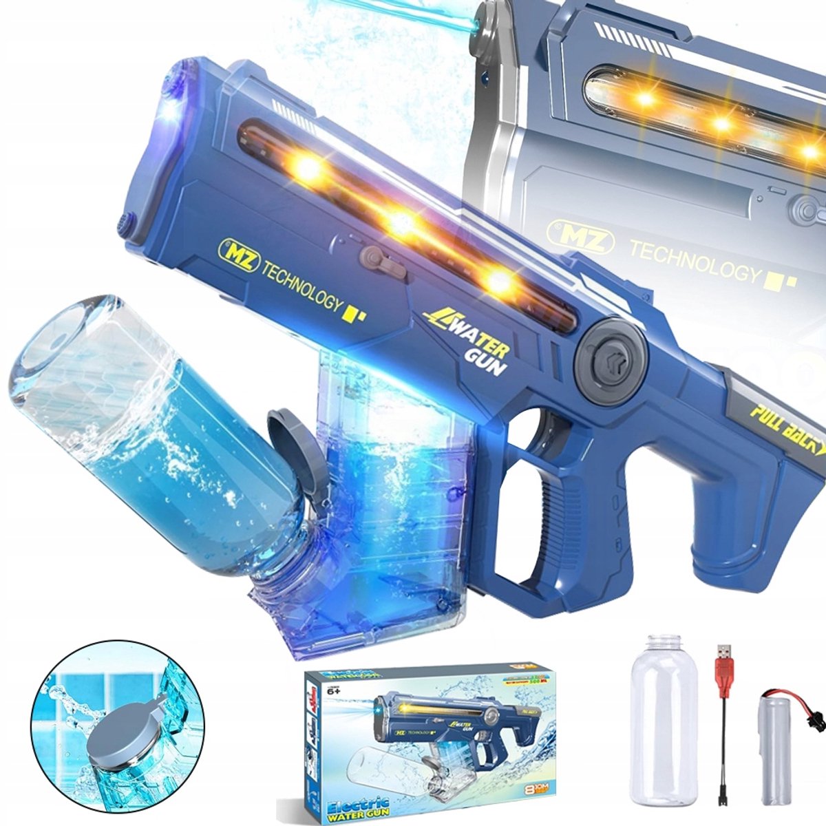 Elektrisch Waterpistool - Grote Capaciteit Van 350ml Bereik Van 10 Meter - Handmatige En Elektrische Standen - Gele LED-Lampjes - USB Oplaadbaar - Blauw