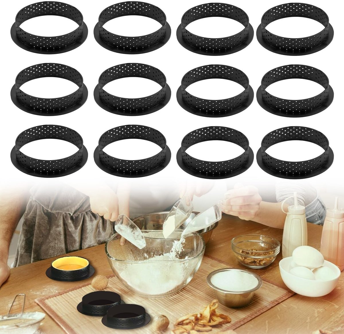 Dailygoods- Tarteletvormpjes set van 12 - 8 cm - Hittebestendig - Antiaanbaklaag - Ventilatiegaten - Voedselveilige kunststof - Taartvormpjes