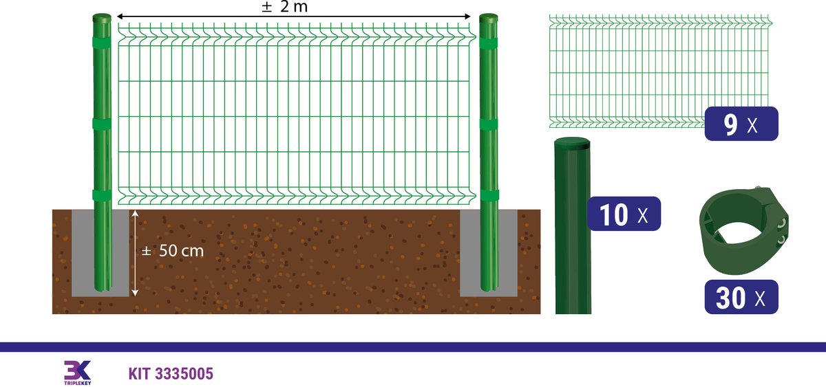 KIT 5 draadpaneel + palen en klemmen, lengte 18m, hoogte 103cm, kleur groen RAL 6005