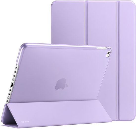 Paarse Sounix iPad hoes in staande en liggende modus. De hoes is gemaakt van transparant materiaal.
