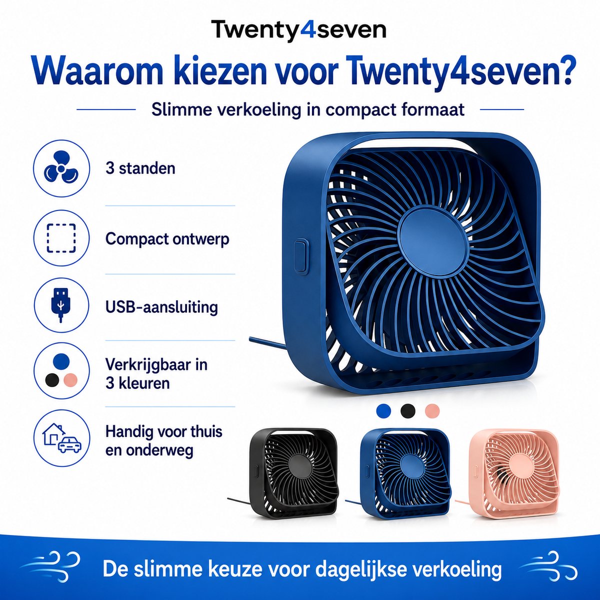 Twenty4seven® Mini Tafelventilator - Ventilator Oplaadbaar - Handventilator Zwart - Vloerventilator met 3 Standen — afbeelding 5