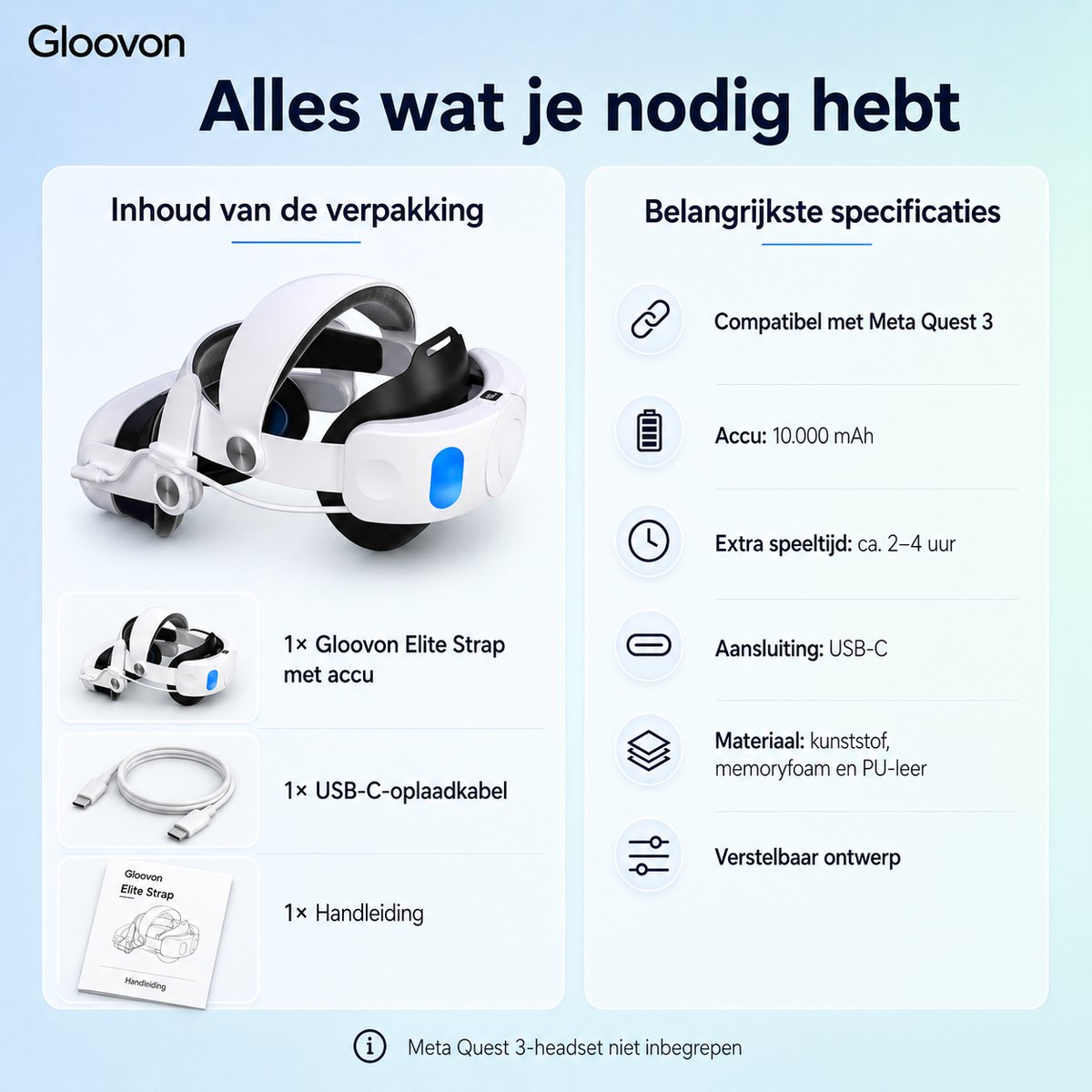 Gloovon Elite Strap voor Meta Quest 3 - Met 10000mAh Accu & Zacht Memory Foam thumbnail 2