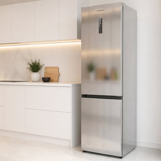 Zilverkleurige Heinner koel-vriescombinatie in een moderne keuken.