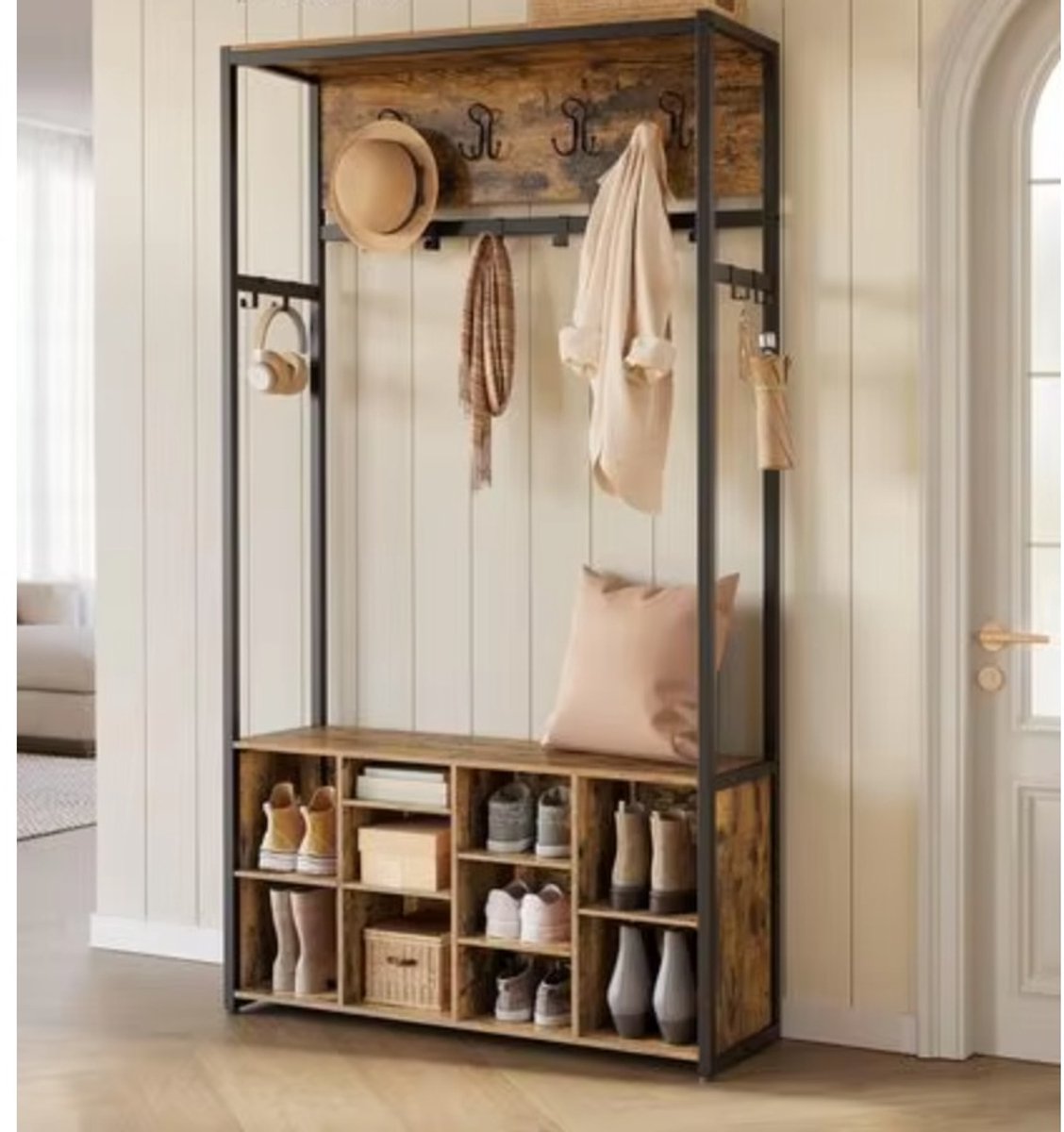 LeeuwenChoice® Kapstok Kledingkast Schoenenrek 3-In-1 - Garderoberek - Vintage Bruin Houtlook - 32x100x180cm – foto 5
