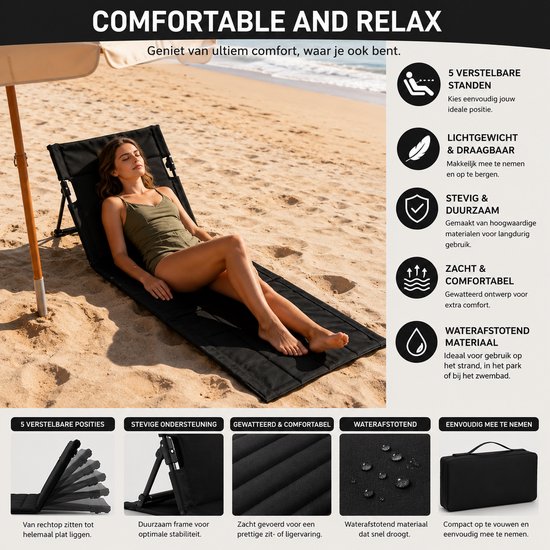 Arvion Strandmat Inklapbaar met Verstelbare Rugleuning - Opvouwbare Strandstoel voor Picknick, Strand, Tuin, Terras, Camping - Zwart — afbeelding 4