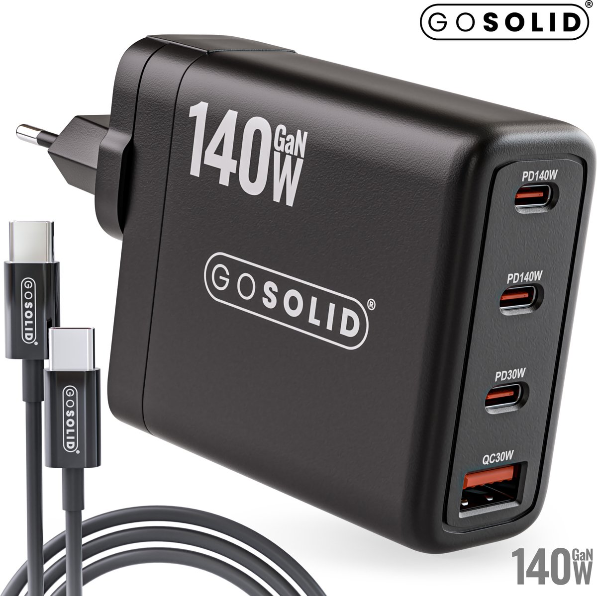 GO SOLID! Oplader 140W USB-C Voeding met 4 Poorten 3x USB-C, 1x USB-A Zwart