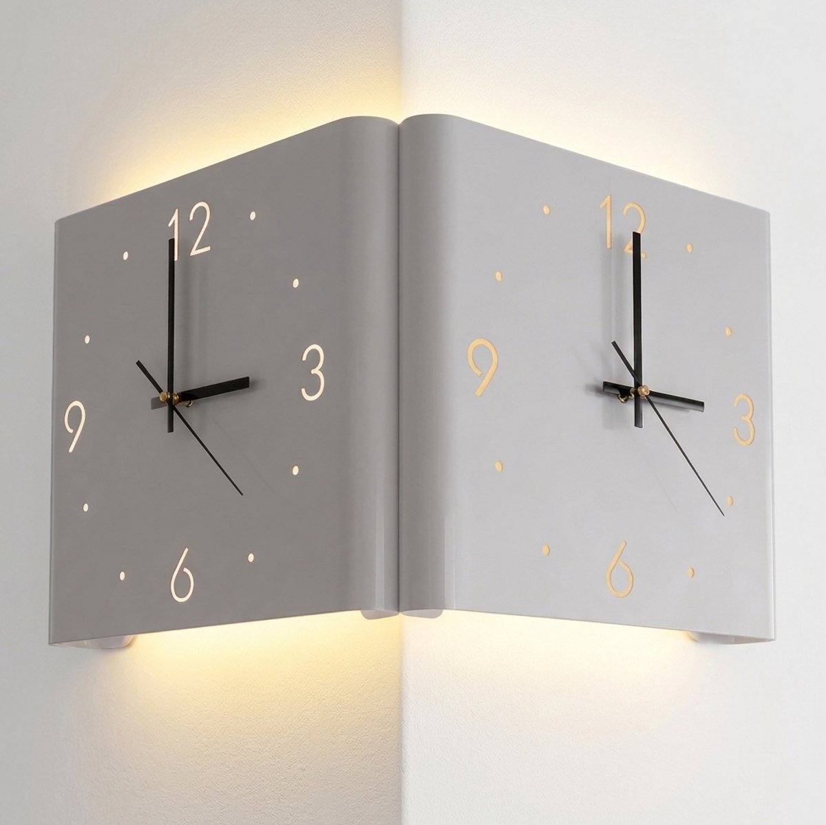 Govic® Hoek wandklok met led verlichting en bewegingssensor - industrieel modern - dubbelzijdige klok - 26cm - metaal - wit