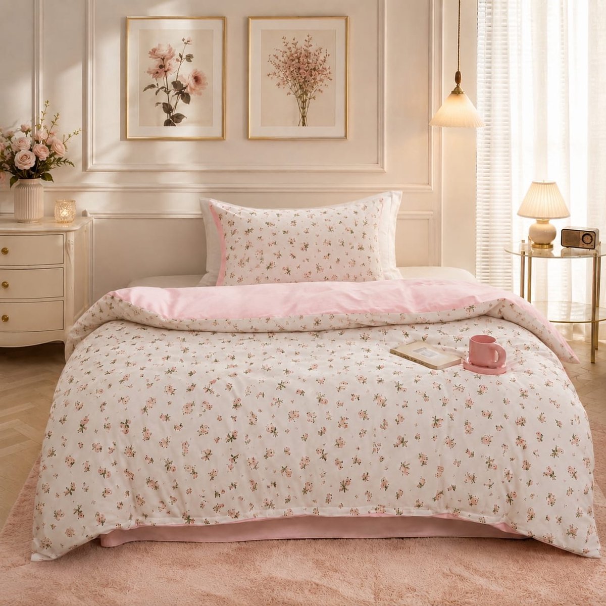 Dekbedovertrekset 135x200 cm roze met bloemen en bladeren, omkeerbaar, microvezel, Oeko-Tex-gecertificeerd, voor mensen met allergieën, met ritssluiting en 1 kussensloop 80x80 cm