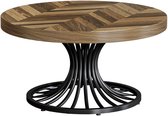 Ronde salontafel met visgraatpatroon in bruine tinten en een zwart metalen onderstel.