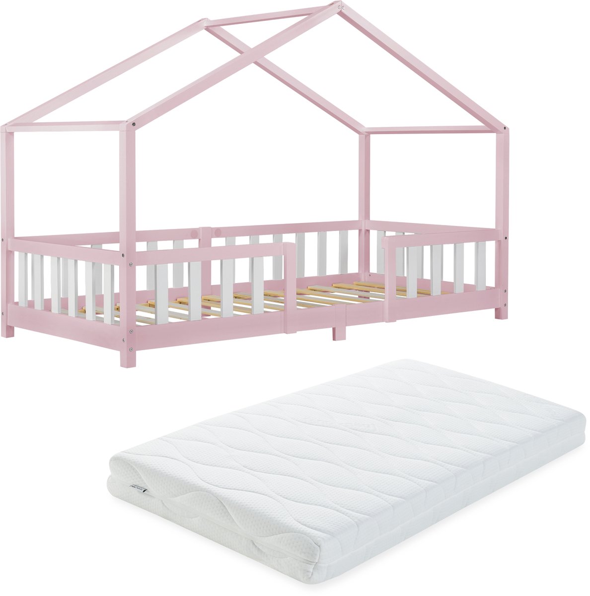 Kinderbed Treviolo met uitvalbeveiliging en matras 90x200 roze en wit [en.casa]