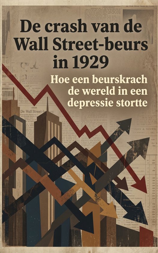 Grafiek met dalende pijlen in bruin en oranje, voor een achtergrond van oude kranten en een poster met 'De crash van de Wall Street-beurs in 1929'.