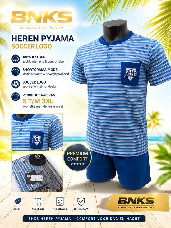 BNKS Heren Pyjama Shortorama 100% Katoen – Soccer Logo – Gestreept T-Shirt met Korte Broek – Blauw – S t/m 3XL