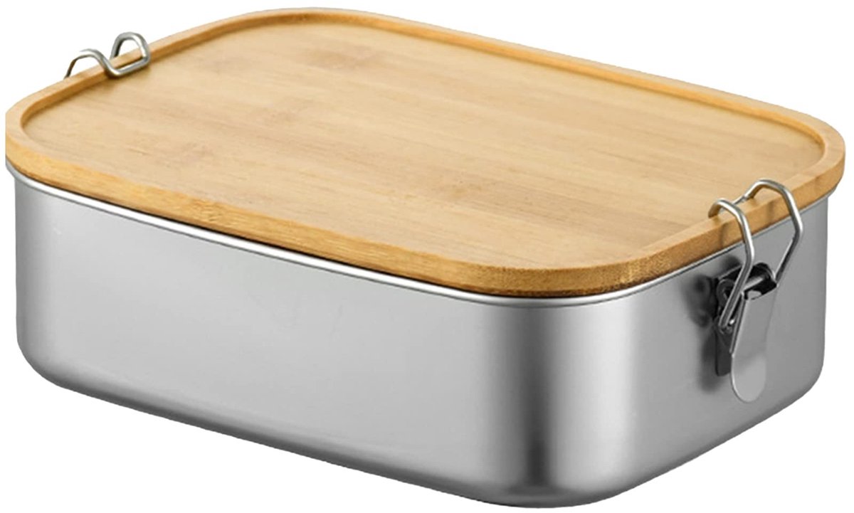 Dailygoods- Bento Lunchbox 1500 ml - Roestvrij Staal - BPA-vrij - Voedselcontainer - Antilek - Houten Deksel