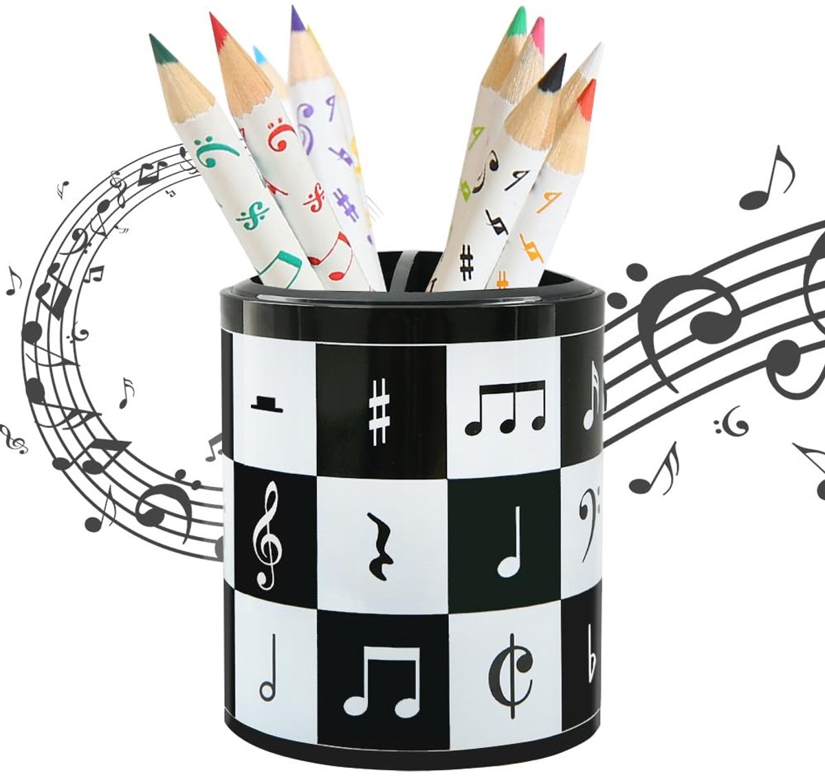 Dailygoods- Penhouder Muziekthema - Pennenhouder - Potloodhouder - Organizer - Make-up Borstel Houder - 70 Potloden - Zwart/Wit - Pennenbak