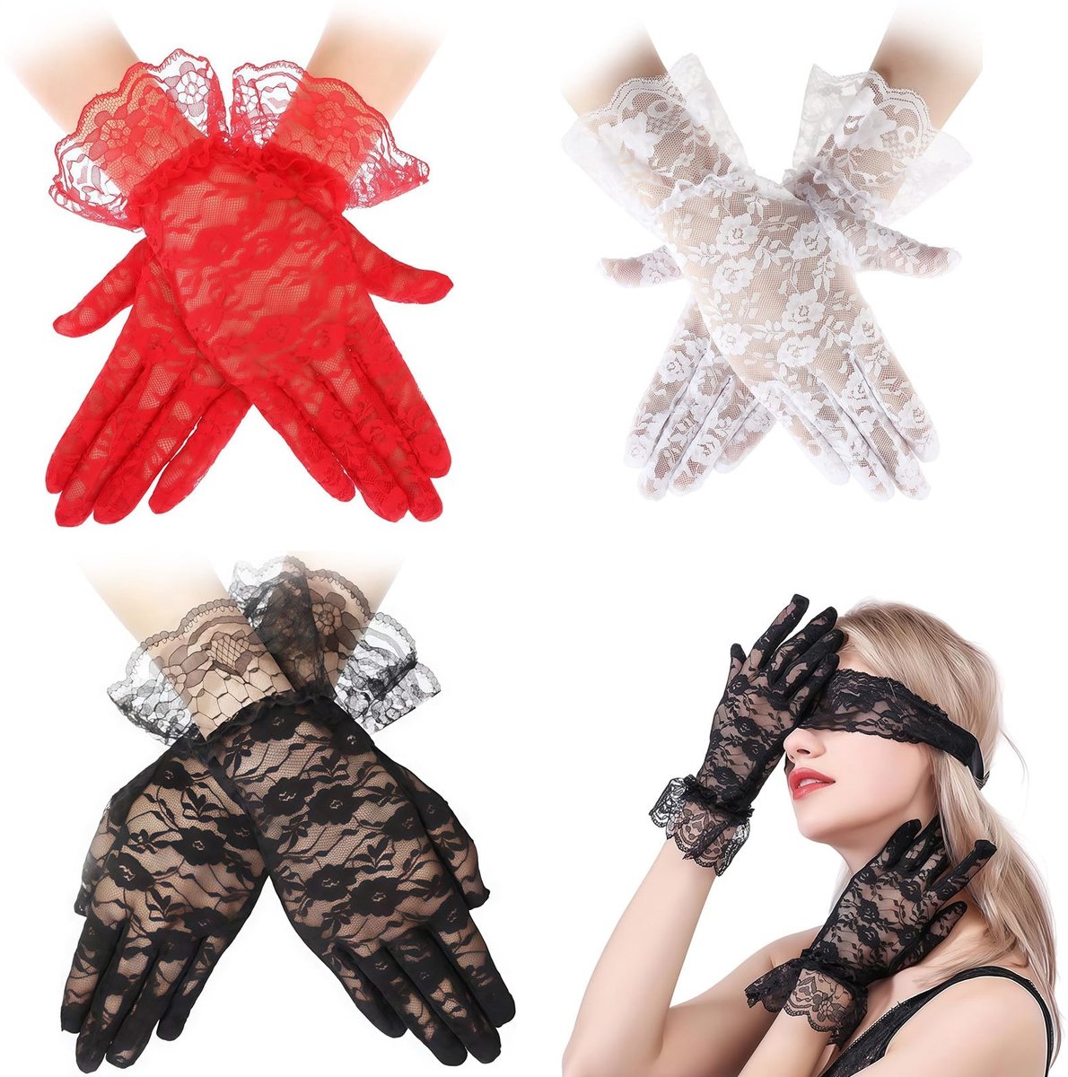 Dailygoods - 3 Paar Vrouwen Kanten Handschoenen Boog Thee Party Handschoenen Zijde Elegante Bruiloft Gothic Handschoenen voor Begrafenis Halloween Feest Cosplay, Meerkleurig, Eén Maat
