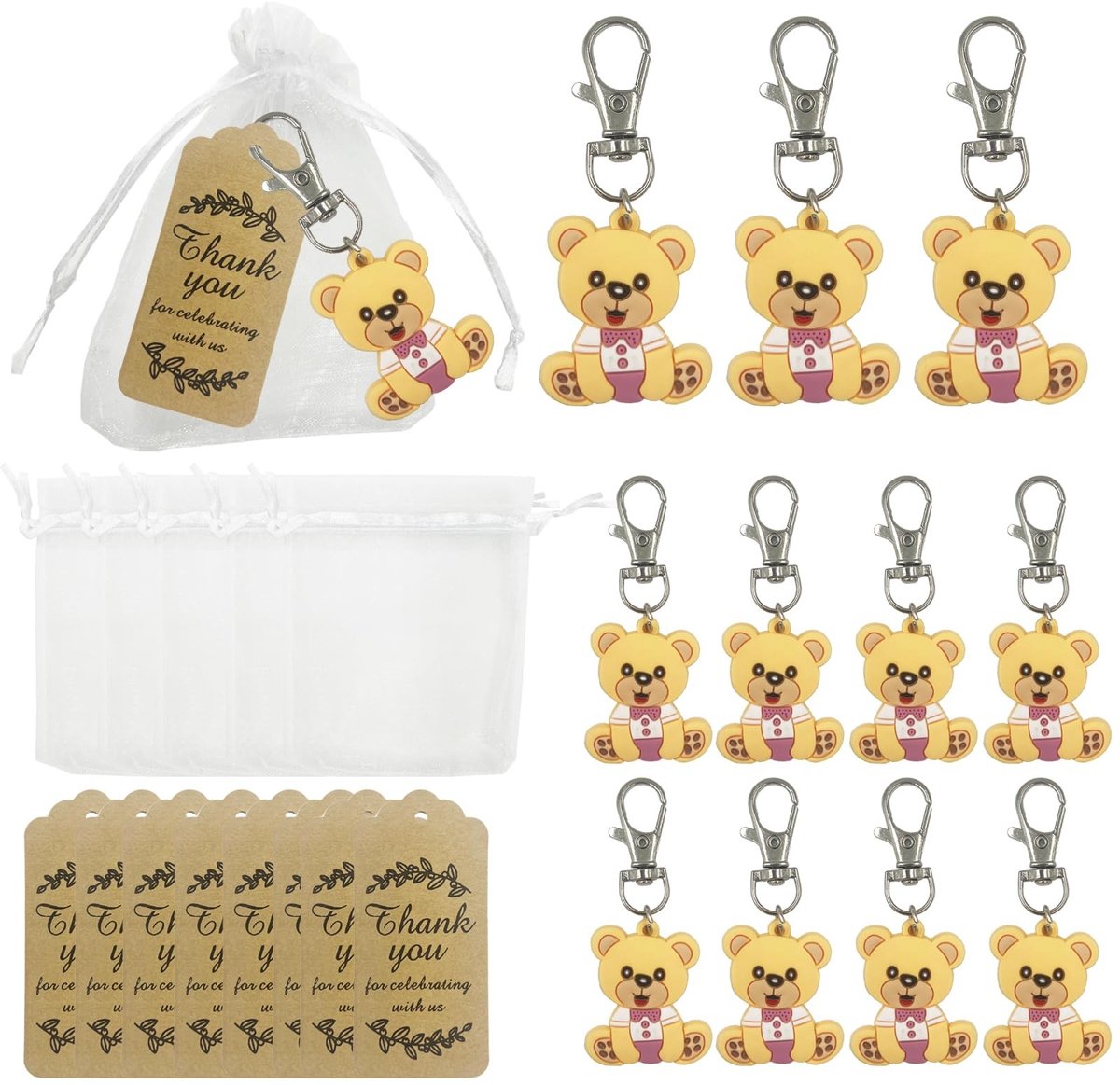 Dailygoods - Geschenken Doop 30 Stuks Beer Sleutelhanger 30 Stuks Organza Zakjes en 30 Stuks Bedankkaartjes voor Jongens Meisjes Verjaardagsfeestje Accessoires Baby Shower Decoratie