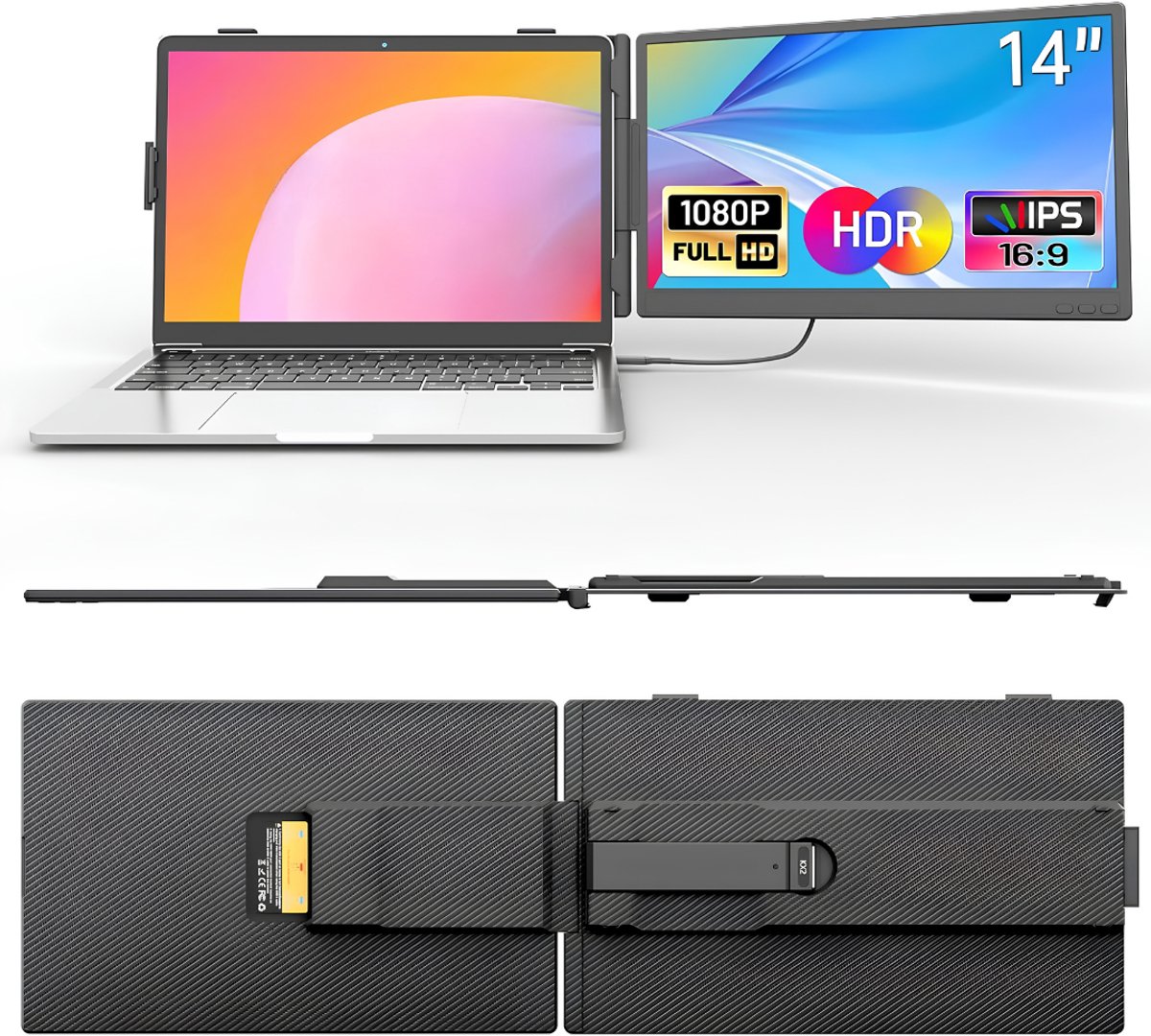 KAD® Portable Monitor - 14 inch Laptop Schermuitbreiding - Draagbare Monitor - Draagbaar Scherm - Zwart - 39cm x 26cm x 7cm