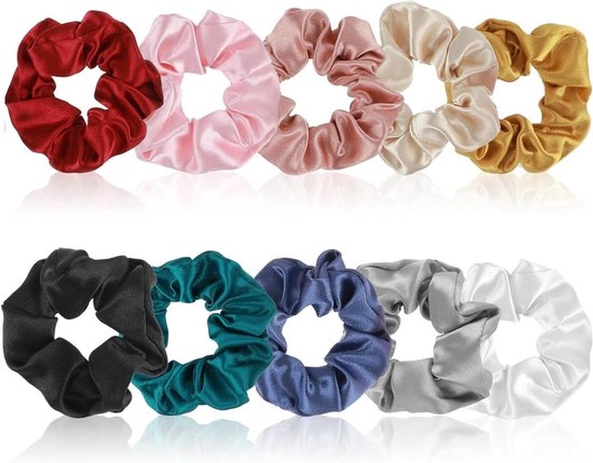 Set van 10 Zijde Scrunchies in 10 Kleuren - scheurbestendige Haarbanden voor dikker en dunner haar, Perfect voor meisjes