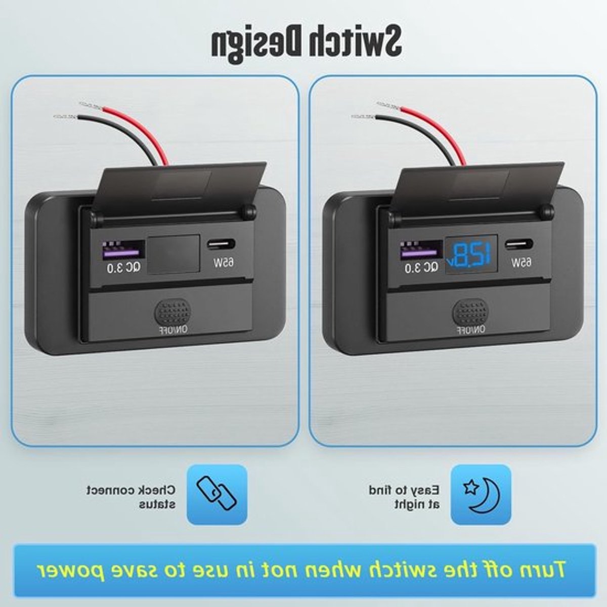 12V USB C Oplaadpoort Auto Lader voor Mobiele Telefoons - Snelladen 65W PD3.0, 18W QC3.0, Waterdicht met Digitale Voltmeter en Schakelaar voor Auto, Boot en Camper – foto 4