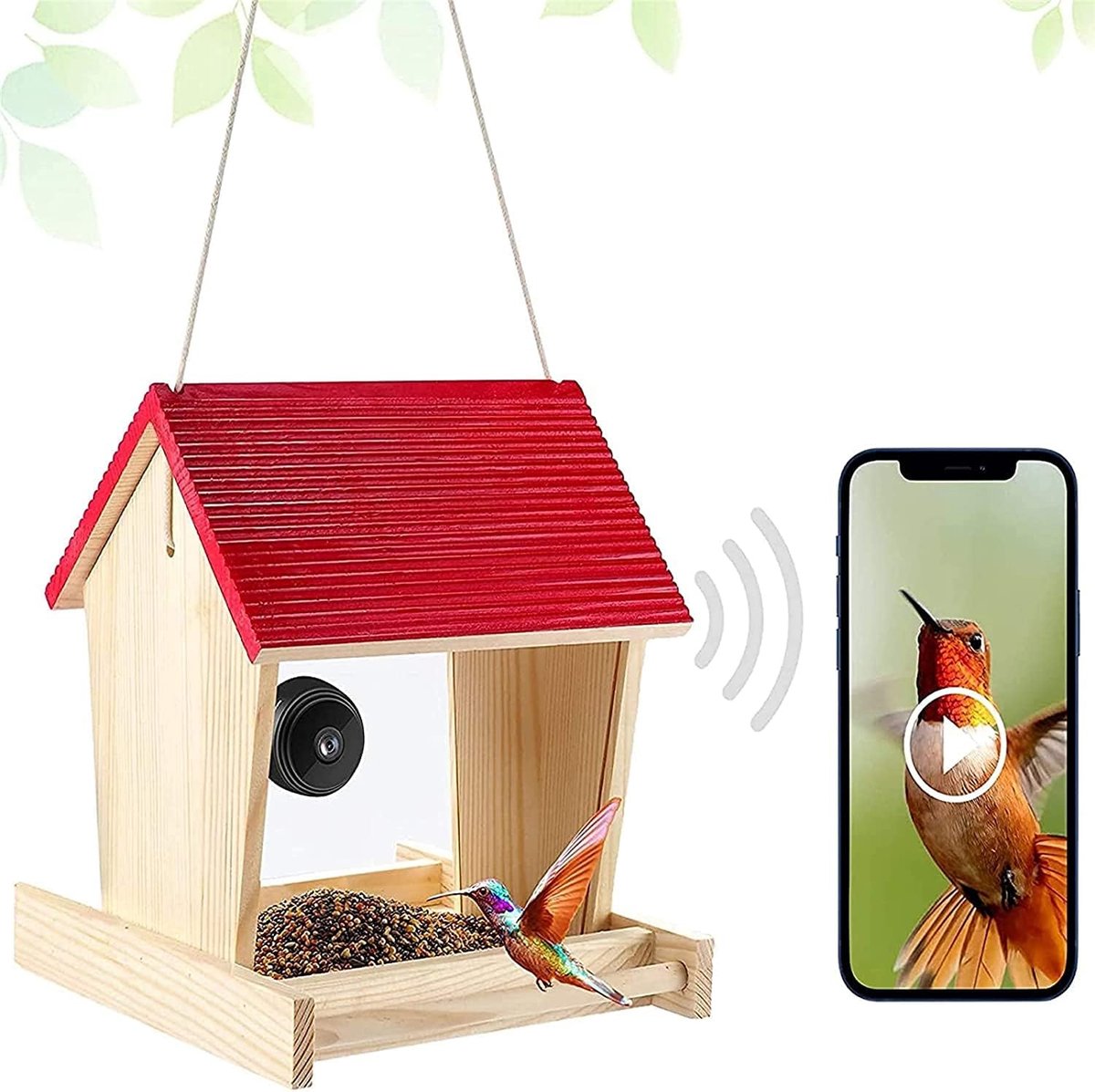 SnelShoppen - Slimme Vogelvoederhuis met Camera 1080p, Houten Vogelhuis met Afvoergaten voor Vogelobservatie, Trekt Diverse Buitenlandse Vogels aan (R