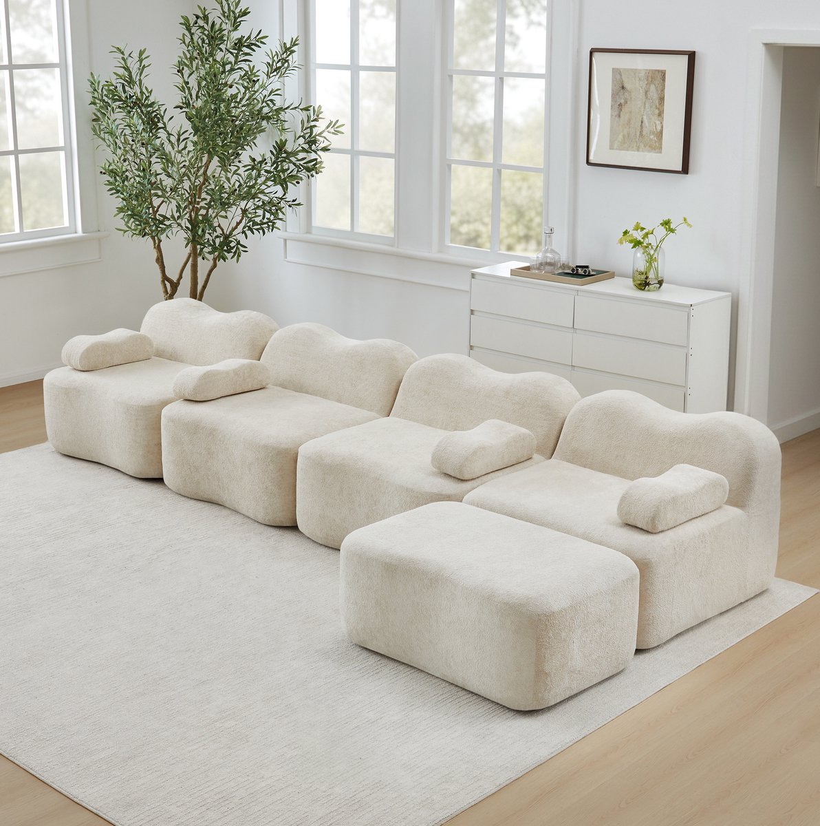 MEUNIQ 4-zits hoekbank 384 x 167 x 70 cm modulair, zonder binnenframe, met 1 ottoman, zachte fluweelbekleding, beige voor woonkamer