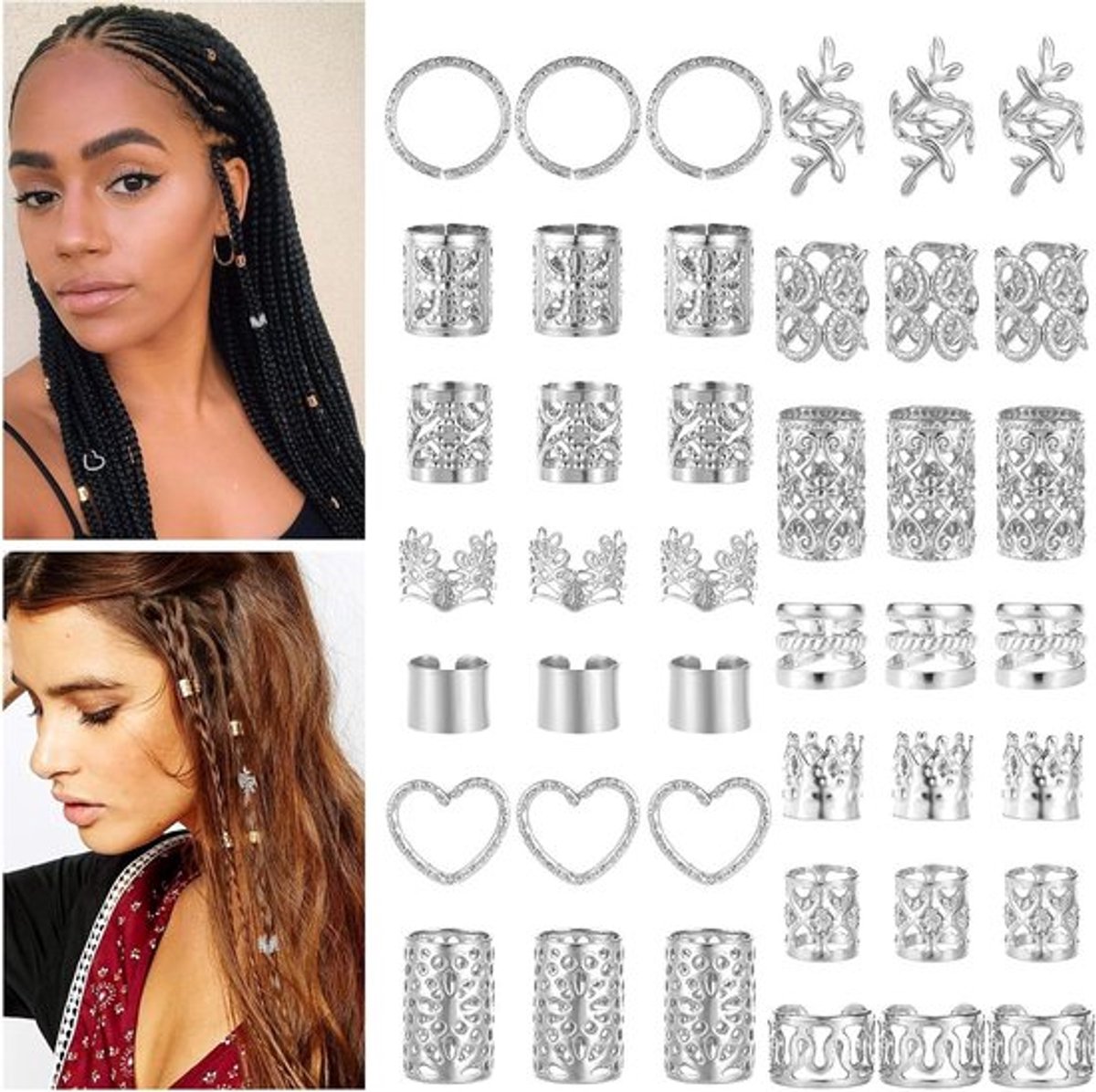Sieraden voor dreadlocks: zilveren haarbedels om haar vast te zetten, verstelbare ringen en metalen haarpiercings voor festivals en vlechtaccessoires