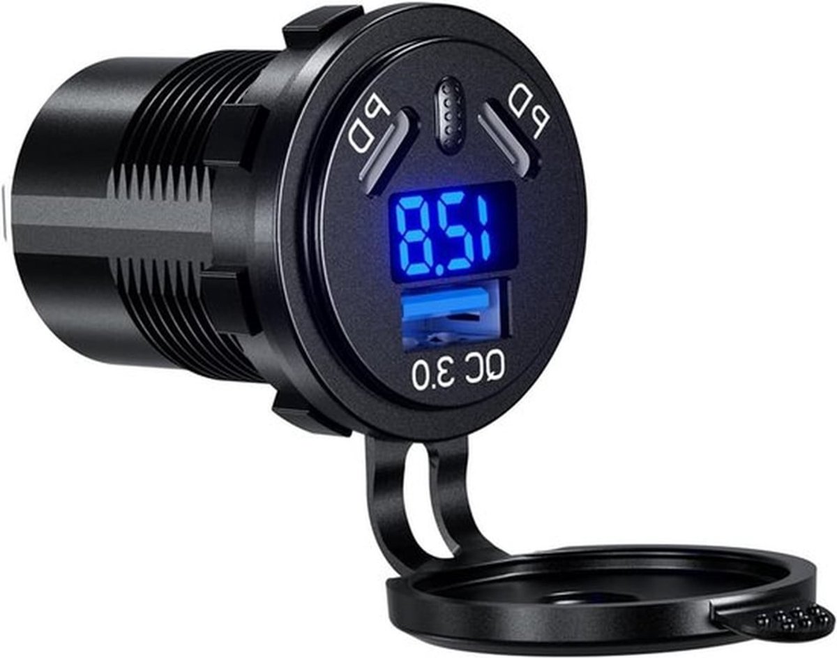 Waterdichte USB C Autolader met Snelladen, 45W PD en 18W QC3.0, LED Voltmeter voor 12V 24V Marine, Boot, Motor en Vrachtwagen