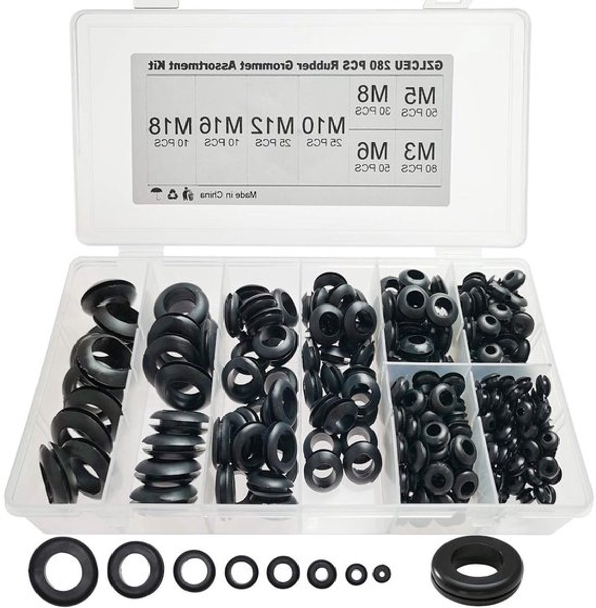 280-delige Rubber Tulpen Assortiment Set voor Elektrische Geleiders, Afdichtringen en Kabelvoeders