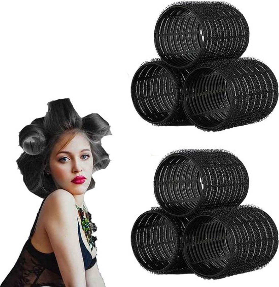 Zwarte Haarrollers Set van 6 - 55mm Grote Krulrollers voor Lang Haar, Heatless Krullen en Haarstyling Accessoires