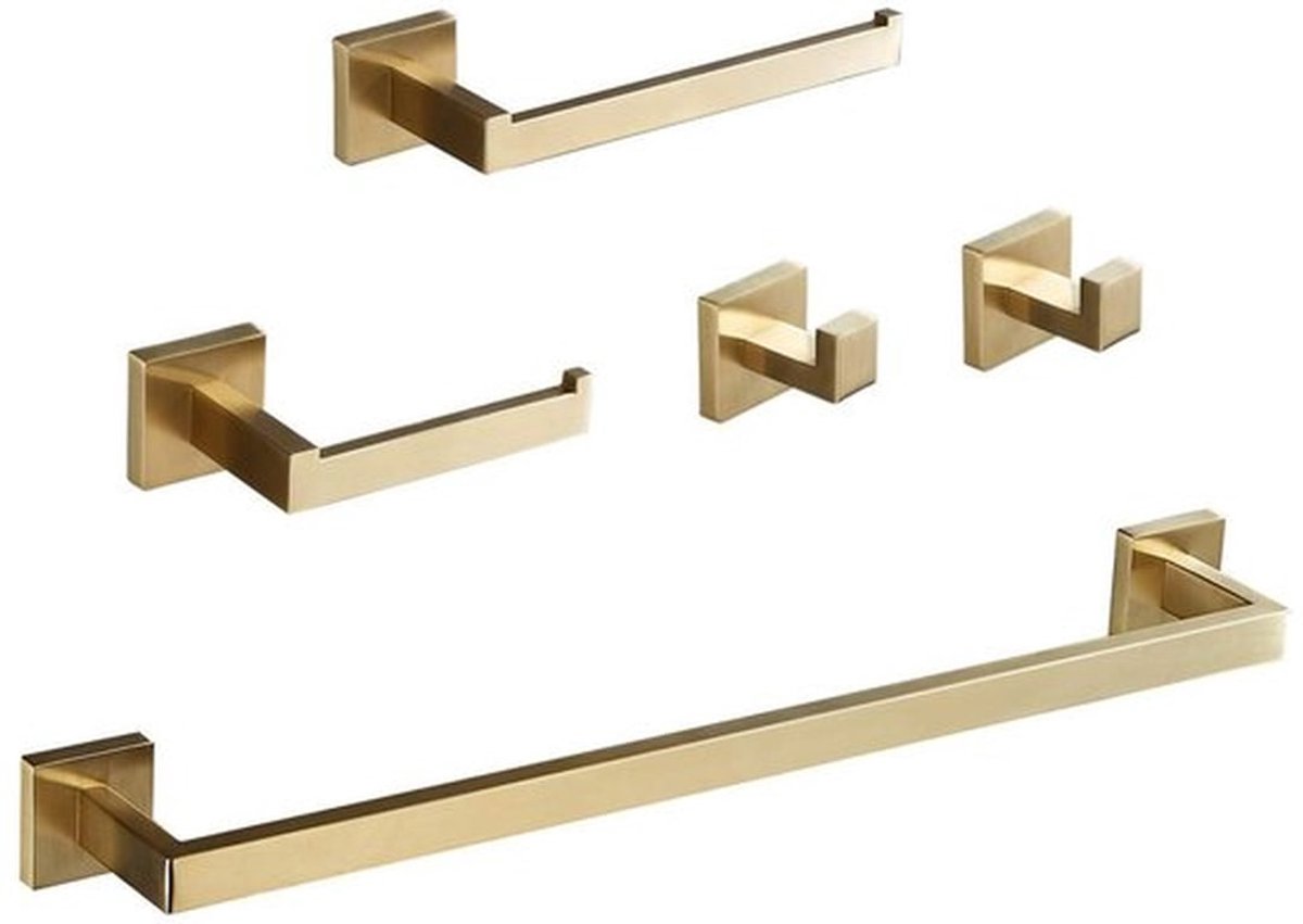 Badkameraccessoire Set 5 Stuks - Wandmontage - Handdoekring - Toiletpapier Houder - Handdoek Bar - Gouden Geborsteld 304 RVS - Badkamer Set