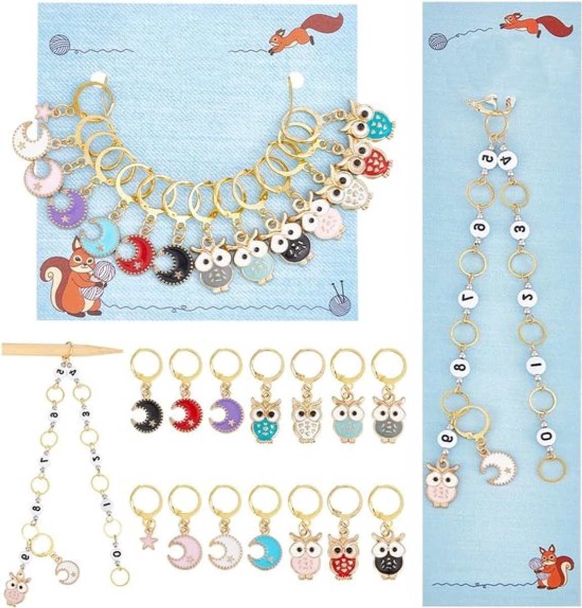 Uil Brei Rij Teller Ketting met 14 Stuk Steekmarkeerders, Enamel Steekmarkeerders voor Breien, Weven en Sieraden Maken