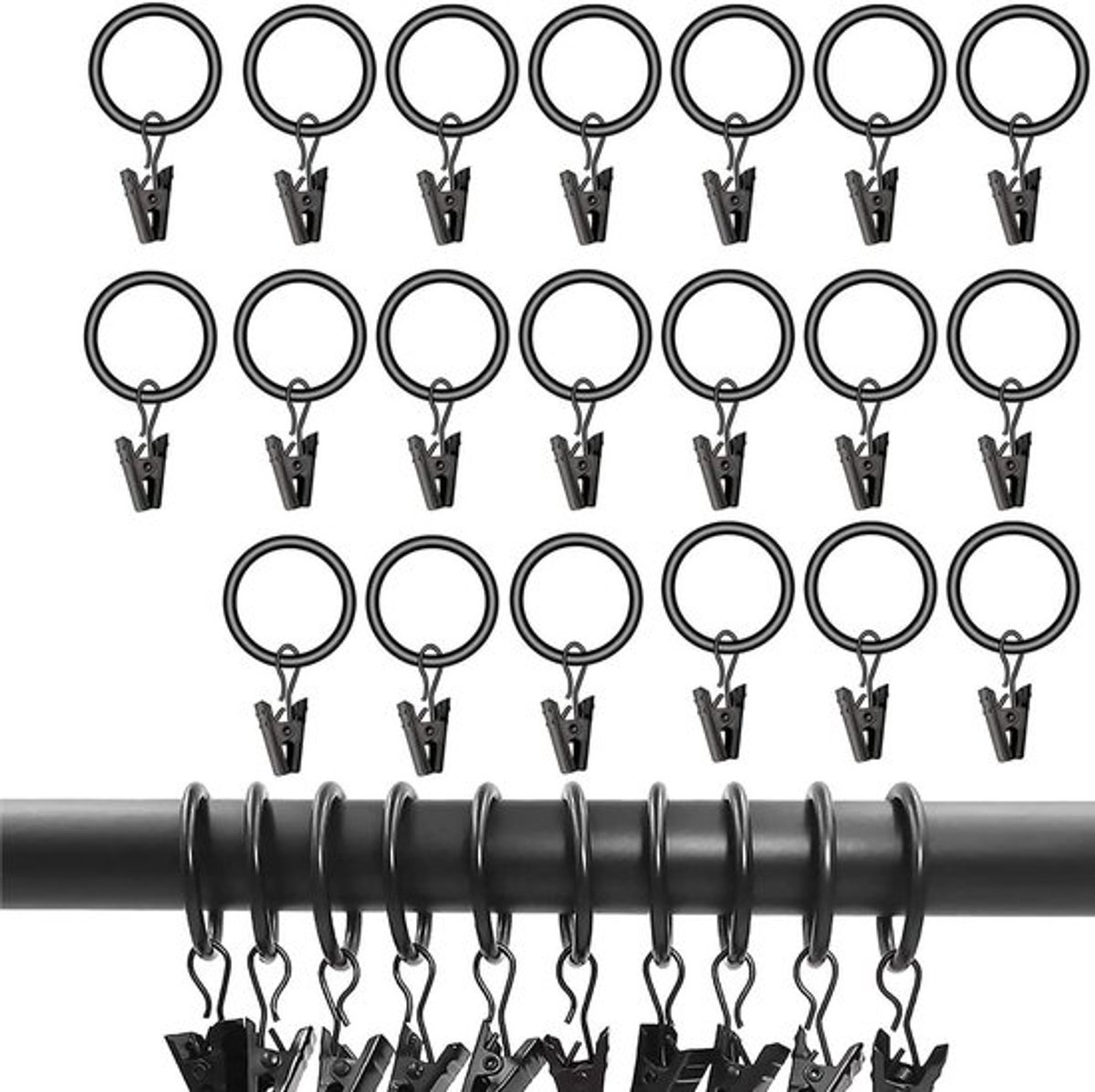20 Stuks Gordijnringen met Clips - Sterke Metalen Decoratieve Ringen voor Gordijnen, Geschikt voor Stalen Stangen en Dikte tot 3 cm, Ideaal voor Thuisdecoratie