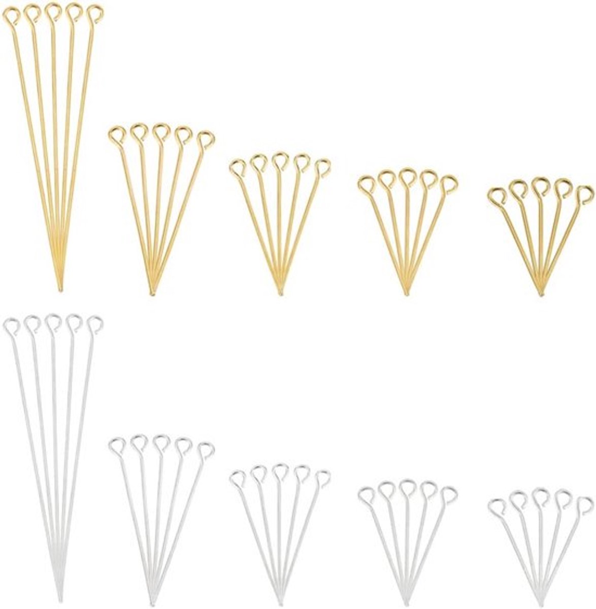 600 Stuks 6 Maten Messing Oogpennen 21 Gauge Open Oog Pins voor Oorbellen, Hangers en Sieraden DIY Creaties in Goud en Zilver, Lengte 1.6/2/2.6/3/5 cm