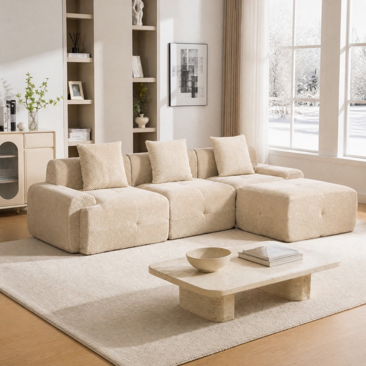 MEUNIQ modulaire hoekbank 3-zits 266 cm, chenille, licht kaki, volledig gemonteerd geleverd, met antislip bodem voor de woonkamer
