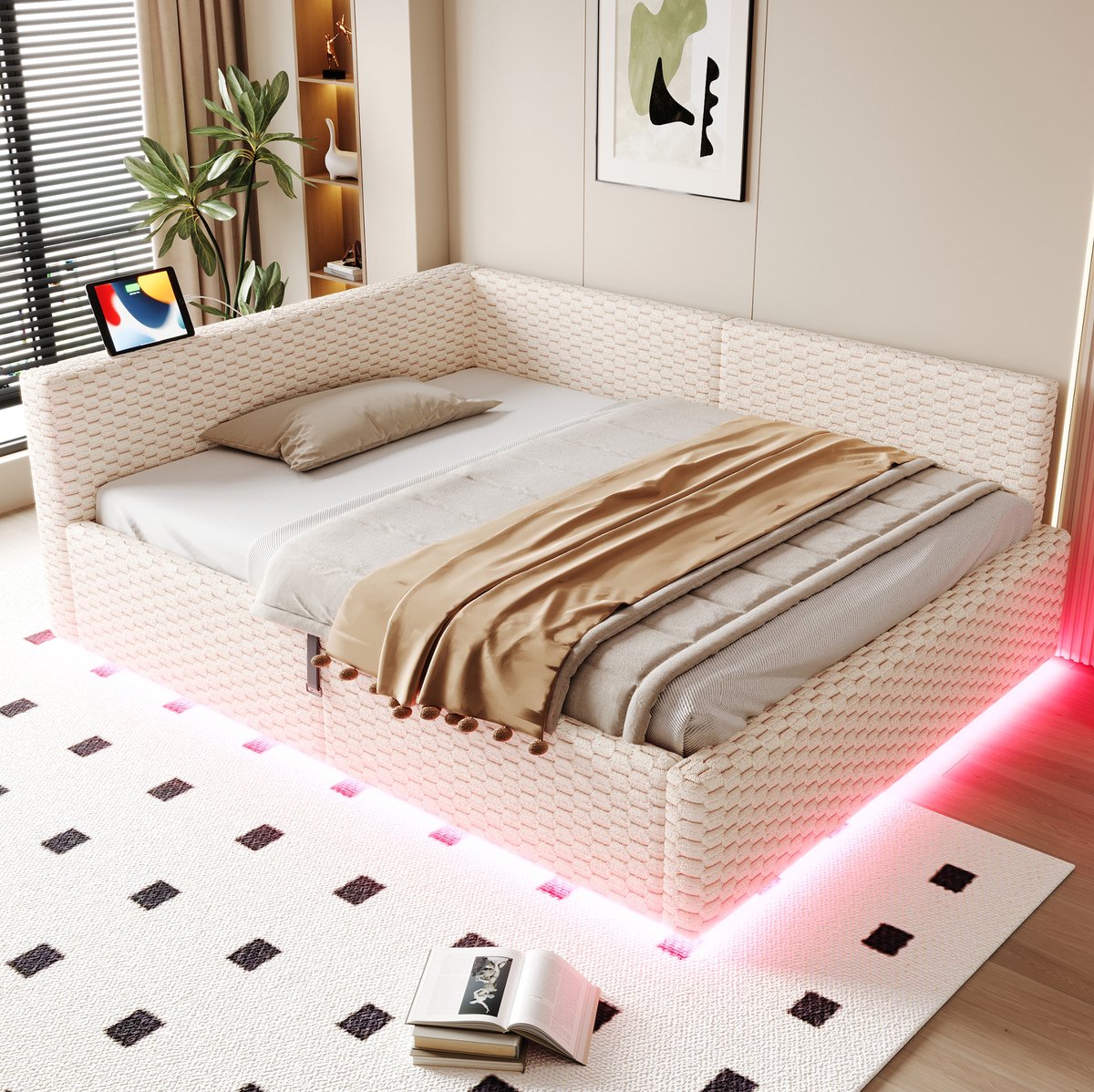 REDOM - Slaapbank - L-gevormde rugleuning - Hydraulisch opbergbed met LED-verlichting en USB/Type-C - Fluweel - Beige - 140 x 200 cm