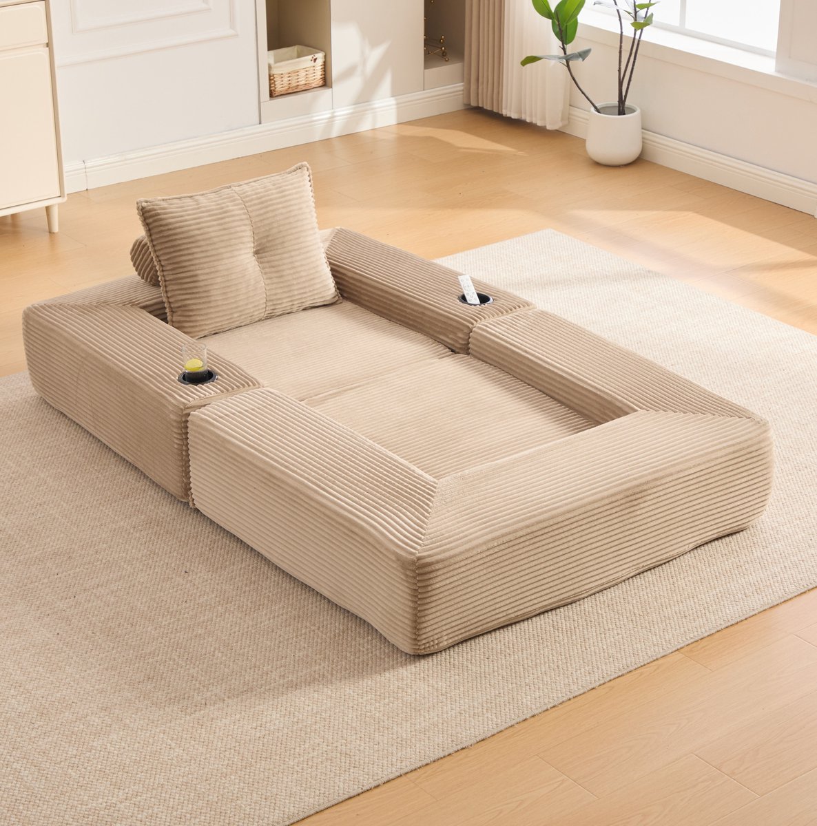 MIVRAY Slaapbank 122 x 98 x 80 cm - Opvouwbaar Met Bekerhouder En Zijvak - Voor Woonkamer, Appartement En Gastenkamer - Corduroy Khaki