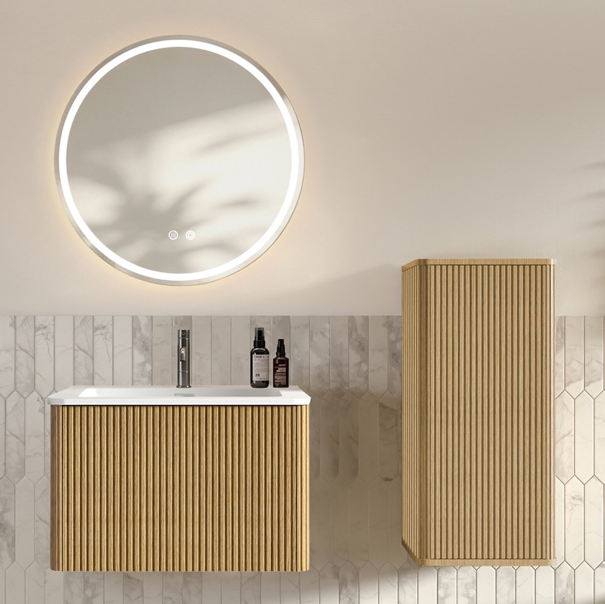 FloraGrace Badkamermeubelset - Hangend Wasmeubel Met Ronde Spiegel En Verlichting - Voor Kleine Badkamers - Eikenhoutkleur - 60 Cm