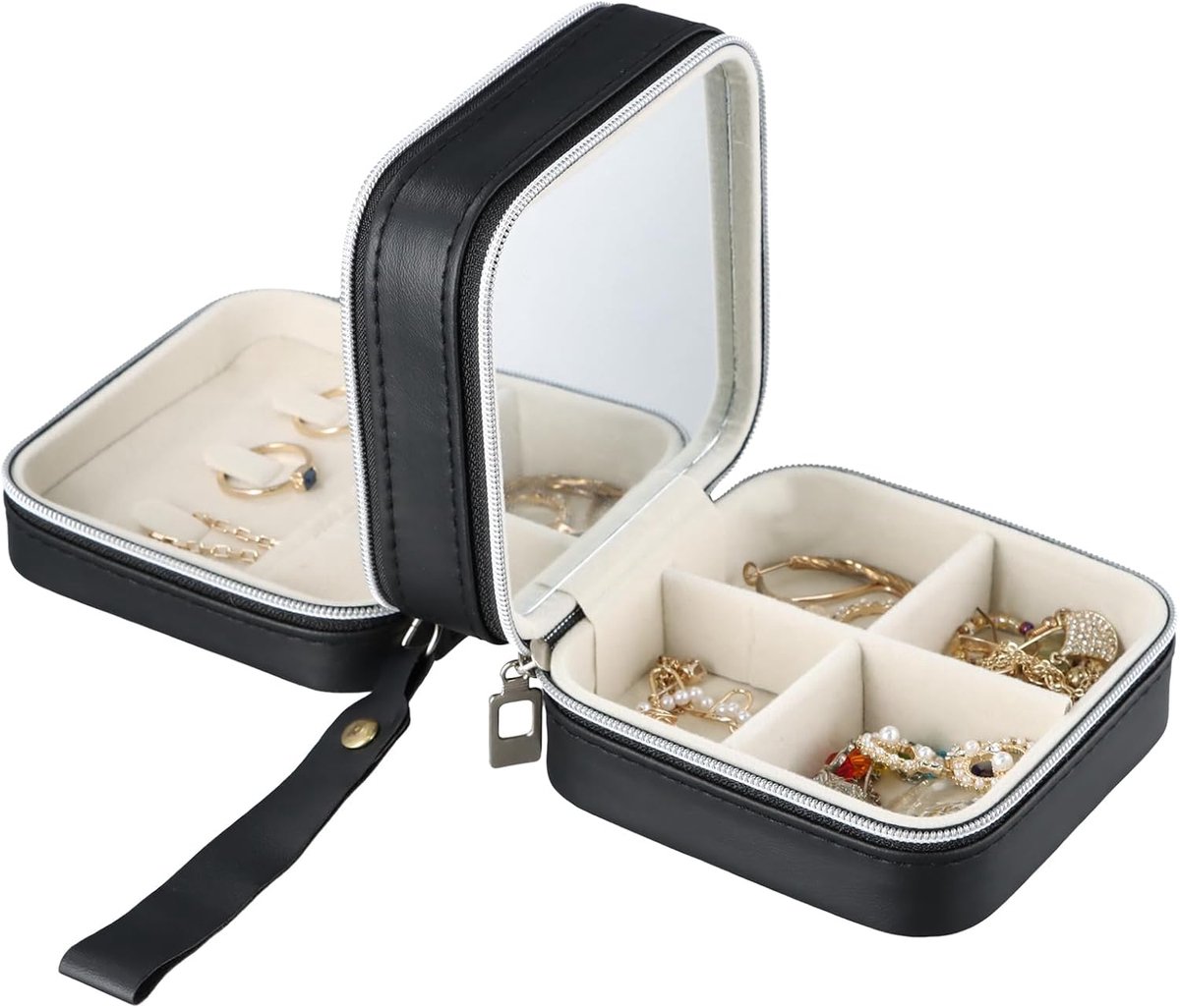 SnelShoppen - Kleine Draagbare Sieradenbox PU Leer Dubbele Laag Waterdichte Mini Opbergdoos Sieraden Organizer voor Ringen Oorbellen Kleine Ketting Zw