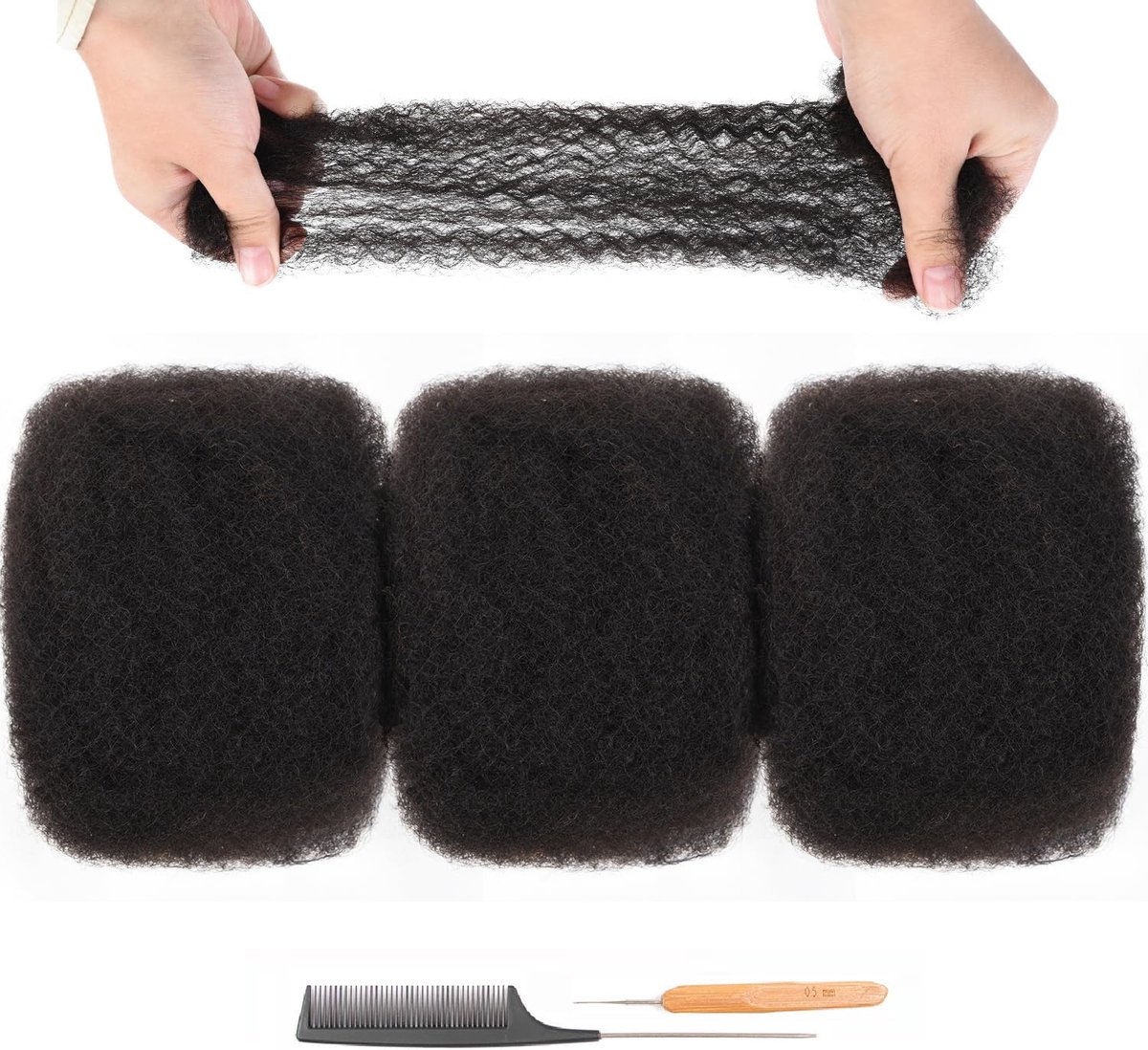 SnelShoppen - 100% Menselijk Haar Afro Kinkys Bulk 8 Inch voor Dreadlocks, Twists en Vlechten - 3 Pakketten Zacht Afro Kinky Krullend Haar voor Natuur