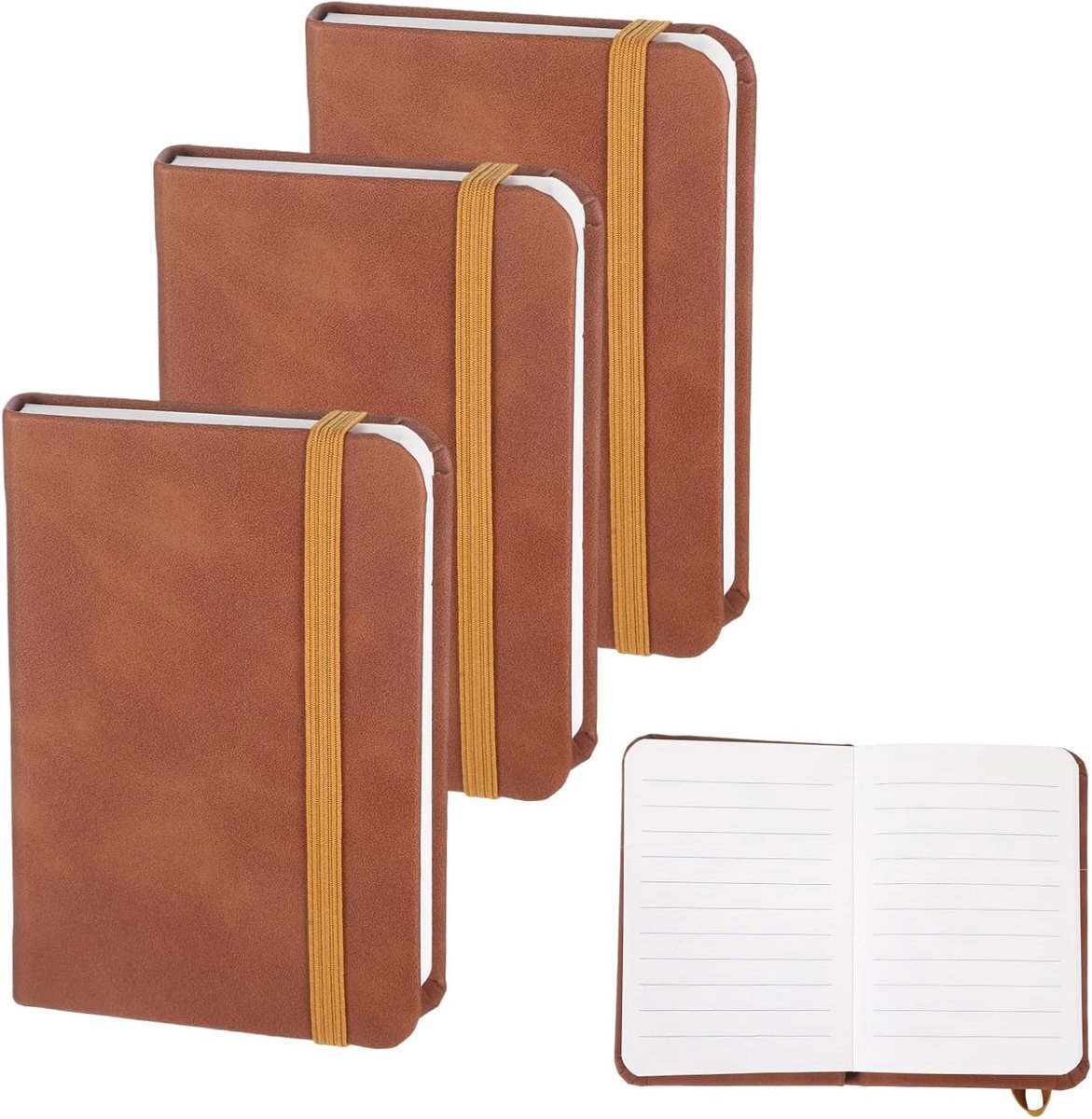 SnelShoppen - 3 Pack Mini Notitieboek A7 met Pennen, Lederen Kaft, Kleine Klassieke Gelinieerde Dagboeken, 100 Pagina's, Hard Kaft met Dikkere Papier