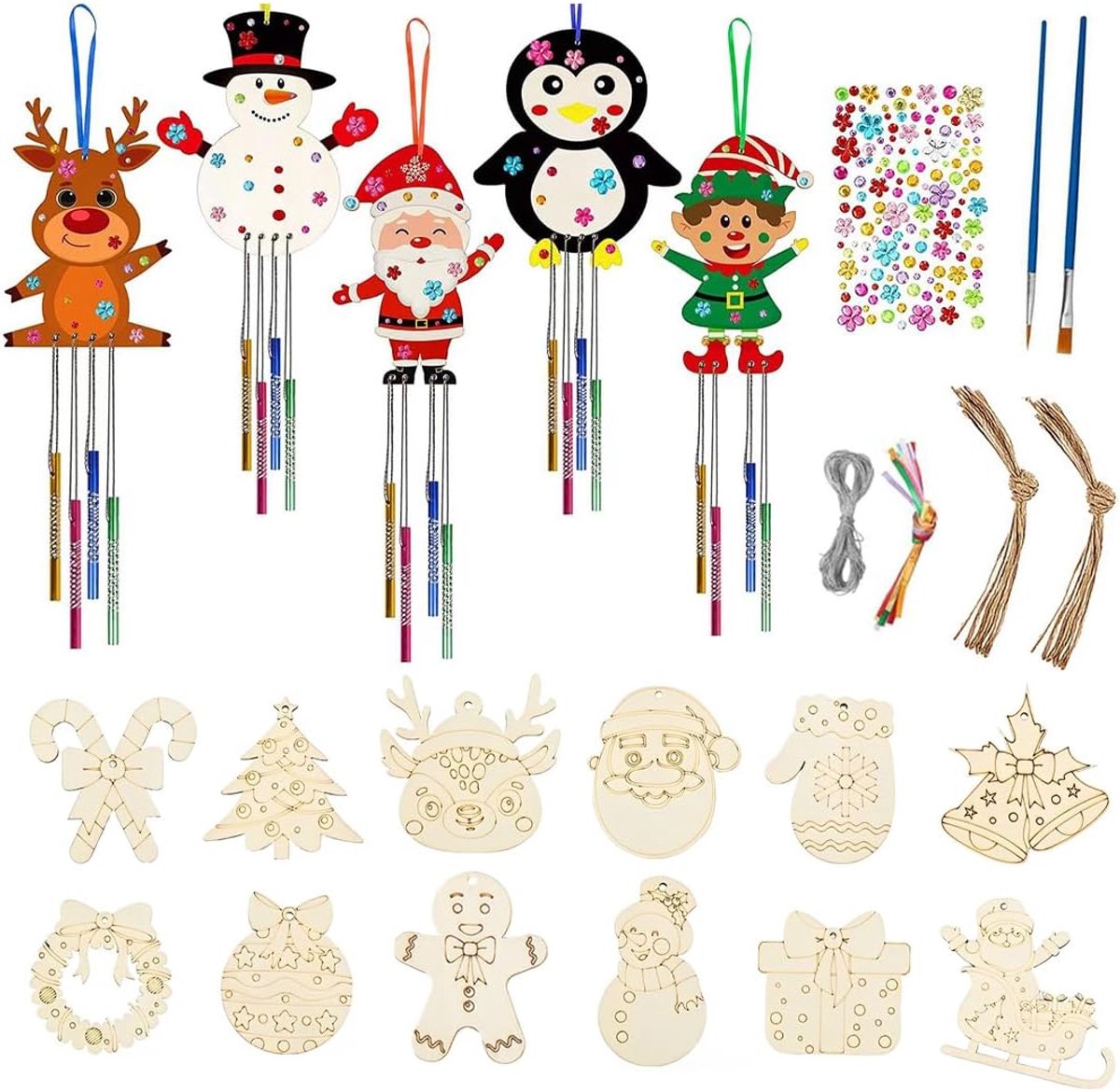 SnelShoppen - DIY Kerst Windgong Set van 5 Stuks met 12 Houten Versieringen voor Kinderen - Perfect voor Creatieve Kerstdecoratie, Schilderen en Knuts