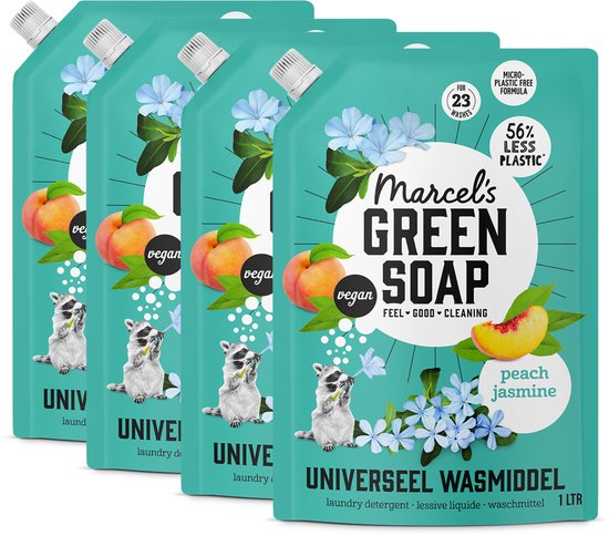 Vier navulverpakkingen Marcel's Green Soap Kleur Wasmiddel Perzik & Jasmijn. 1L per stuk. Vegan, microplastic-vrij.