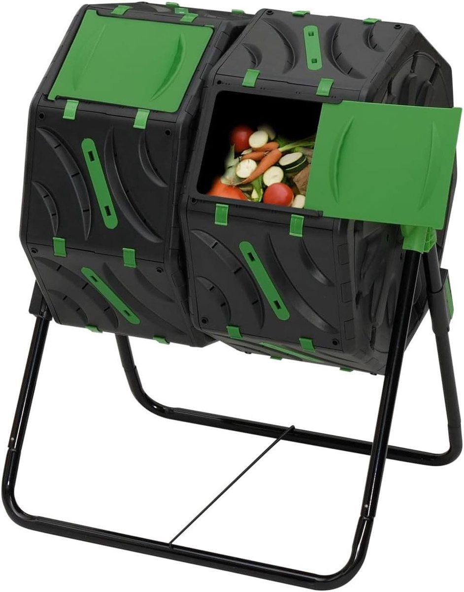 Draaibare Compostbak - Dubbele Bak - Afval Verwerken - 360 Graden Rotatie - 140 Liter - Zwart Groen