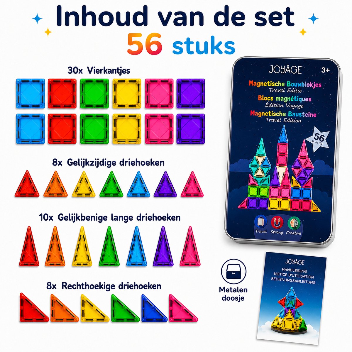 Joyage Mini magnetic tiles Travel set - 56 stuks - Magnetische tegels Reisset - Reisspeelgoed Magnetisch bouwspeelgoed - Magnetisch speelgoed voor onderweg Montessori Speelgoed voor in de auto in het vliegtuig Magna Magneten speelgoed jongens meisjes — cadeau in Spellen & Speelgoed - foto 3