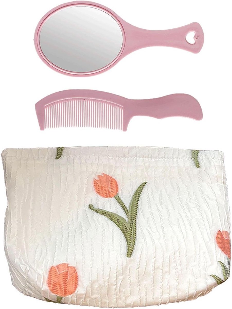 SnelShoppen - Tulpen Cosmeticazak met Handspiegel en Kam - Grote Capaciteit Multikleur Make-up Tas voor Cosmetica en Persoonlijke Verzorging